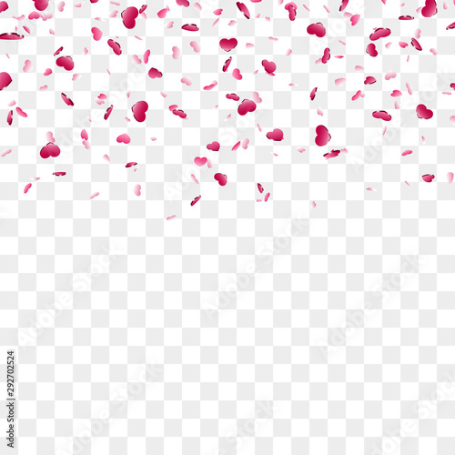 Heart falling confetti isolated white transparent background. Pink fall hearts. Valentine day decoration. Love element design, hearts-shape confetti wedding card, romantic holiday. Vector illustration