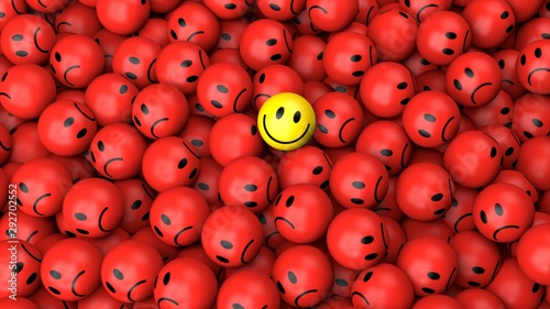 One yellow happy smile between many red spherical sad others as concept for unique, optimistic, positive, difference 3D rendering photo