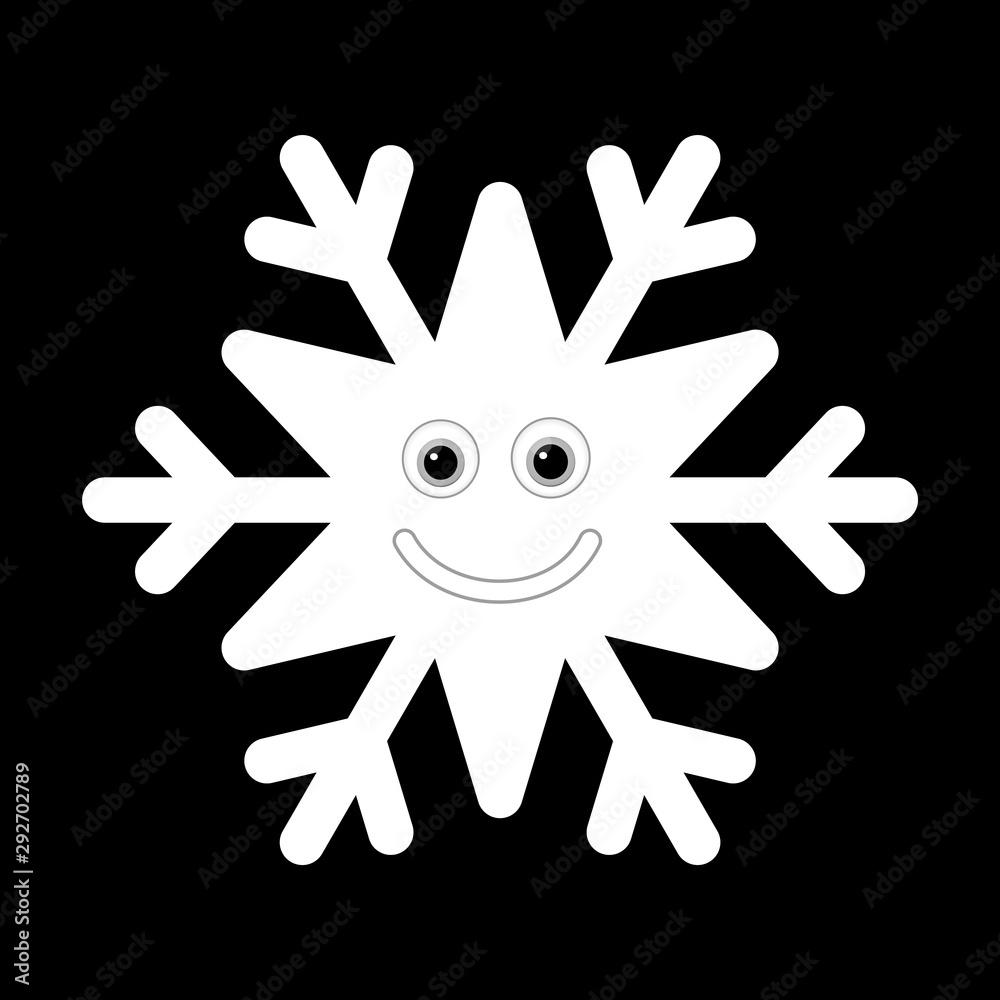 Obraz premium Snowflake smiley baby face. Cute winter white snow flake, smile, isolated black background. Happy fun character, kid emoticon. Drawing cartoon doodle. Holiday child decoration. Vector illustration