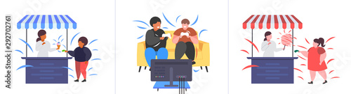 set fat obese people in different poses overweight mix race male female characters collection obesity unhealthy lifestyle concept flat full length horizontal