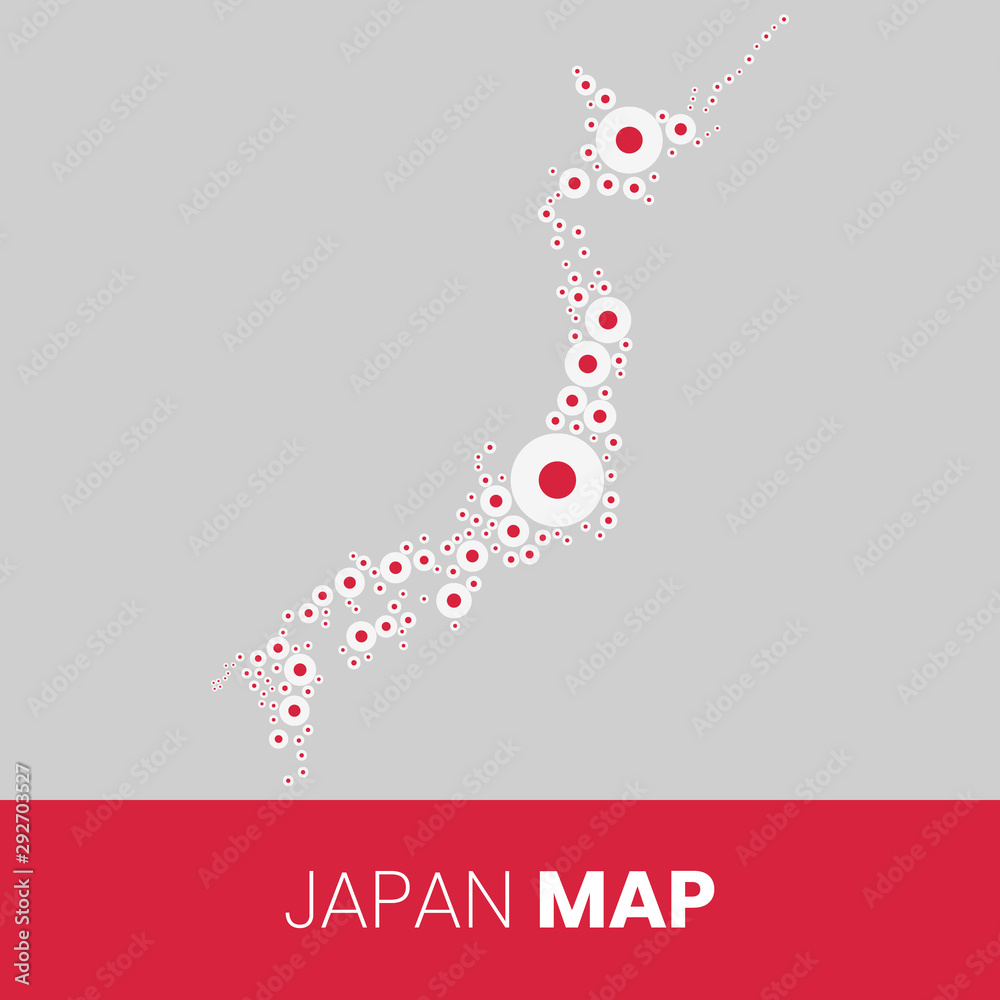 Vetor de Japan map filled with flag-shaped circles, Japan map with flag ...