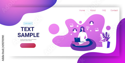 woman freelancer sitting on armchair working on laptop freelance social media network communication concept sketch full length horizontal copy space