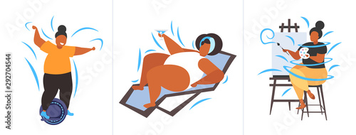 set fat obese people in different poses overweight african american male female characters collection obesity unhealthy lifestyle concept flat full length horizontal