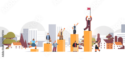 businesspeople climbing financial bar graph businessman with flag on top of career ladder win success concept cityscape background full length flat horizontal