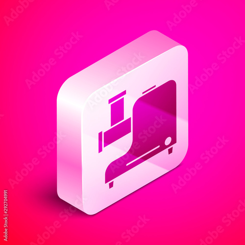 Isometric Kitchen meat grinder icon isolated on pink background. Silver square button. Vector Illustration