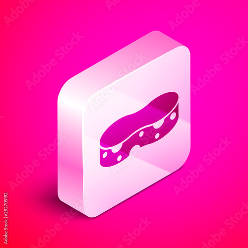 Isometric Sponge icon isolated on pink background. Wisp of bast for washing dishes. Cleaning service concept. Silver square button. Vector Illustration