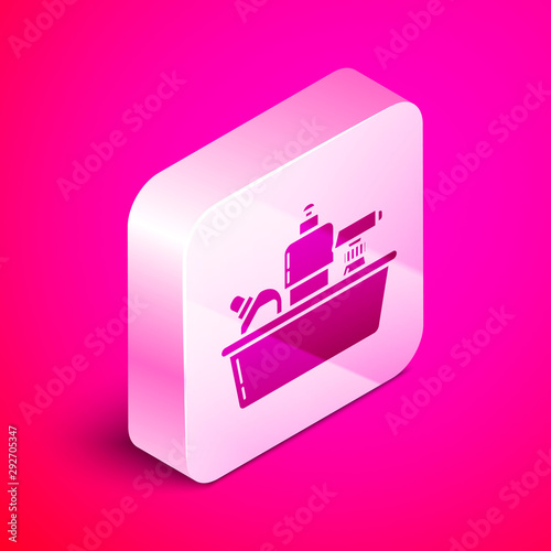 Isometric Plastic bottles for liquid laundry detergent, bleach, dishwashing liquid or another cleaning agent icon isolated on pink background. Silver square button. Vector Illustration