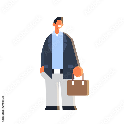 businessman holding suitcase happy business man standing pose success concept male office worker in formal wear flat full length