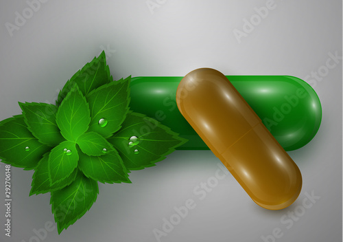 Background with bright pills, capsules, natural leaves of a medicinal plant. Vitamin pills for health. Poster banner for the site. Pharmacy, natural medicines.