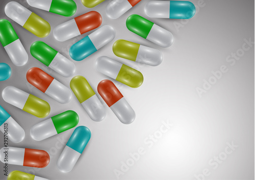 Background with bright pills, capsules. Vitamin pills for good health and antibiotics. Poster banner for website. Pharmacy, painkiller capsules and medications.