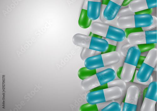Background with bright pills, capsules. Vitamin pills for good health and antibiotics. Poster banner for website. Pharmacy, painkiller capsules and medications.