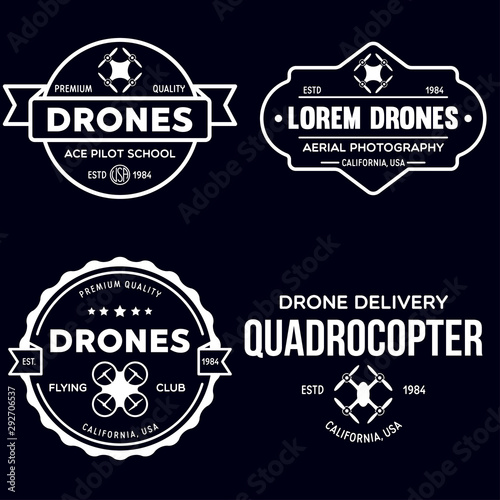 Set of drone logos, badges, emblems and design elements. Quadrocopter flying club, delivery logotypes.