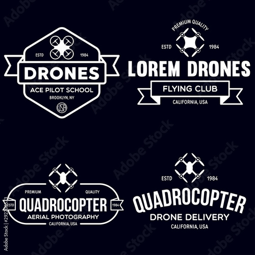 Set of drone logos, badges, emblems and design elements. Quadrocopter flying club, delivery logotypes.