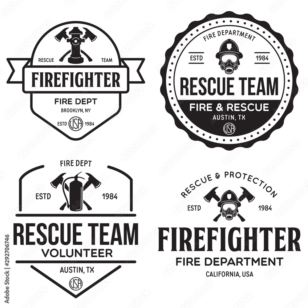 Set of firefighter volunteer, rescue team emblems, labels, badges and logos in monochrome style. Set of firefighter volunteer, rescue team emblems, labels, badges and logos in monochrome style.