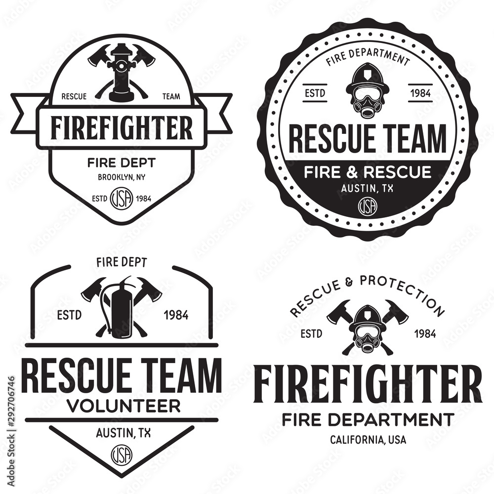 Set of firefighter volunteer, rescue team emblems, labels, badges and logos in monochrome style.