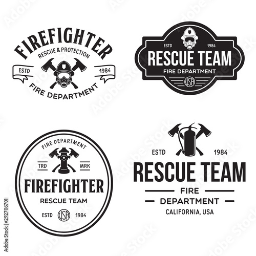 Set of firefighter volunteer, rescue team emblems, labels, badges and logos in monochrome style.