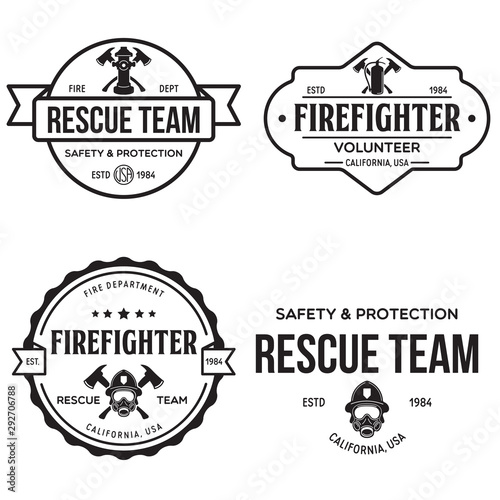 Set of firefighter volunteer, rescue team emblems, labels, badges and logos in monochrome style.