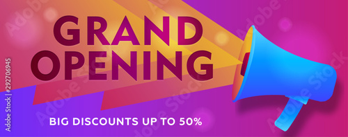 Grand opening advertising poster with megaphone, modern gradient graphic