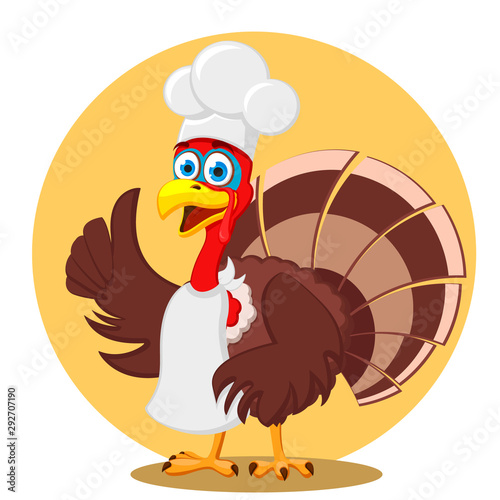 Turkey in a chefs hat shows class on a white background. Thanksgiving day.