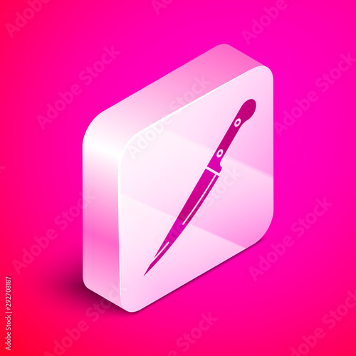 Isometric Knife icon isolated on pink background. Cutlery symbol. Silver square button. Vector Illustration