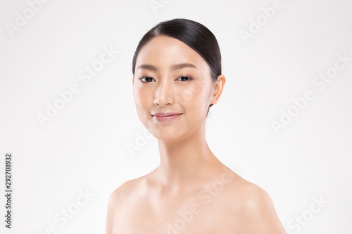 Beautiful Asian woman looking at camera smile with clean and fresh skin Happiness and cheerful with positive emotional,isolated on white background,Beauty and Cosmetics Concept