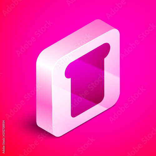 Isometric Bread toast for sandwich piece of roasted crouton icon isolated on pink background. Lunch, dinner, breakfast snack. Silver square button. Vector Illustration