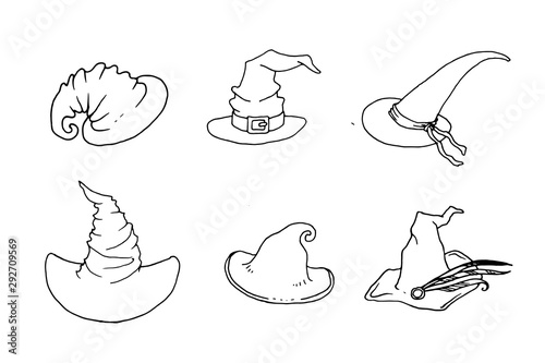 Witch hats set isolated on white background. Doodle style line vector illustrations. Hand drawn Halloween, witches and wizards traditional symbols for cards, poster, invitation design.