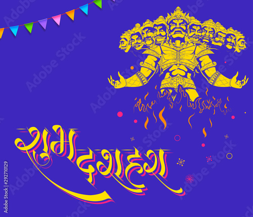 illustration of Ravana with ten heads for Navratri festival of India poster with message in Hindi meaning wishes for Dussehra