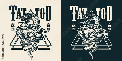 Snake entwined with skull tattoo emblem