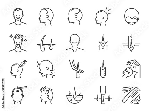 Hair Transplantation line icon set. Included icons as Hair Transplant, hair loss, hair follicles, FUE, FUT, alopecia and more. photo