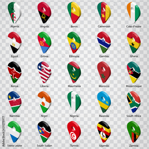 3D geolocation signs of twenty five  African countries with inscriptions. Set of  twenty five 3d geolocation icons on transparent background. Flags of Africa countries in the form of geolocation signs