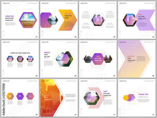Minimal brochure templates with colorful hexagonal design background, hexagon style pattern. Covers design templates for square flyer, leaflet, brochure, report, presentation, advertising, magazine.