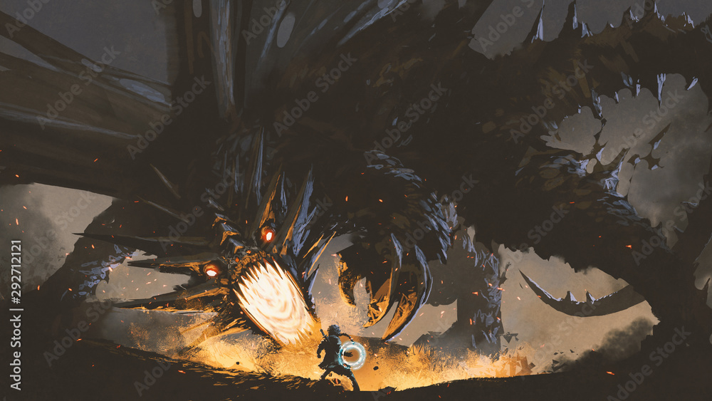 Naklejka premium scena fantasy przedstawiająca dziewczynę walczącą ze smokiem ognia, cyfrowy styl sztuki, malowanie ilustracji