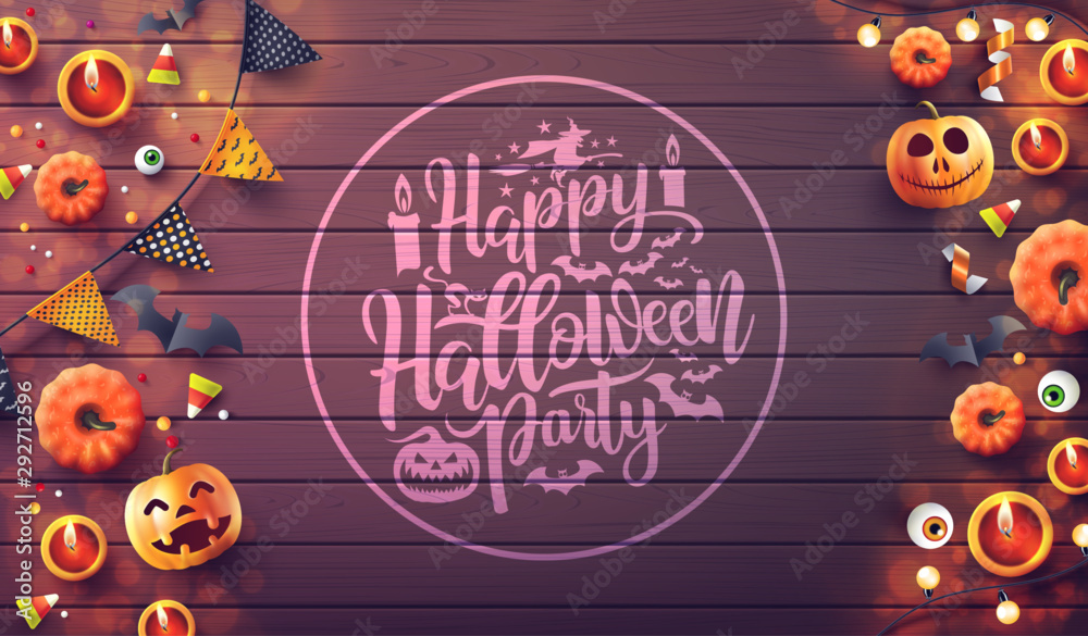 Happy Halloween Party with candle light,pumpkin and Halloween Elements on  wood background.Romantic Halloween date night Concept.Website  spooky,Background or banner template.Vector illustration eps10 Stock Vector  | Adobe Stock