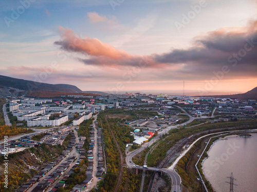 Sunset in Kirovsk mountains Khibiny Kola Peninsula, Russia. Aerial view