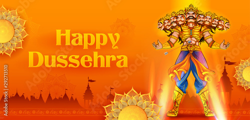 illustration of Ravana with ten heads for Navratri festival of India poster for Dussehra