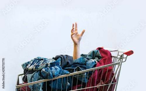 Canvastavla Shopaholic concept. Female hand sticks out of shopping cart