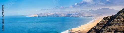 Panoramic view of the Fuerteventura coastline. Taken from the hills of Jandia