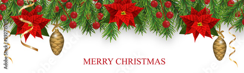 Christmas border decorations with fir branches, poinsettia, holly berries, baubles cones and golden ribbons. Design element for Xmas isolated on white background. Vector