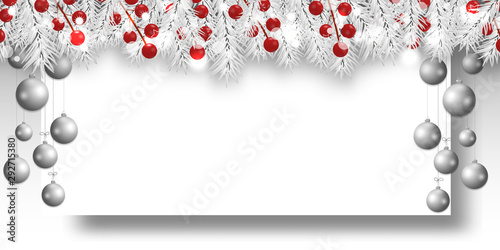 Christmas elegant light background with white branches fir, holly berries and silver balls. Design element for Xmas and happy New Year. Vector