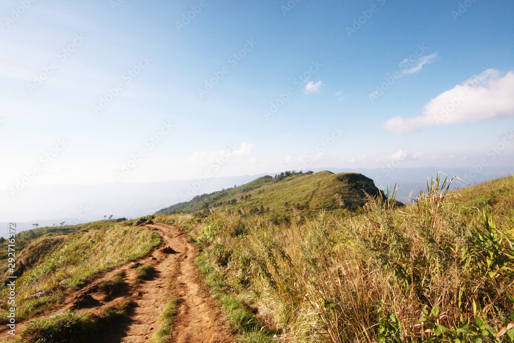 Natural footpath and dry grassland on the mountain with blue sky at Phu Chee Fah hill northern of Thailand