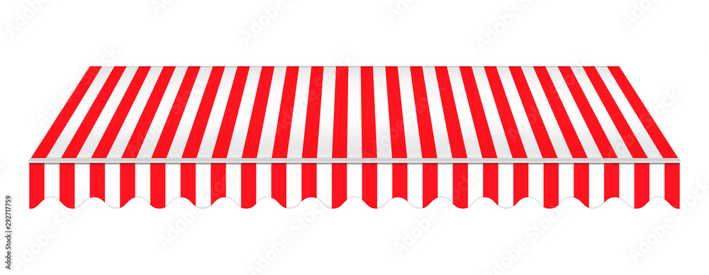 Striped red awning isolated on white background, realistic vector mockup. Canopy for restaurant, cafe, hotel or store. Tent roof, template for design - obrazy, fototapety, plakaty 
