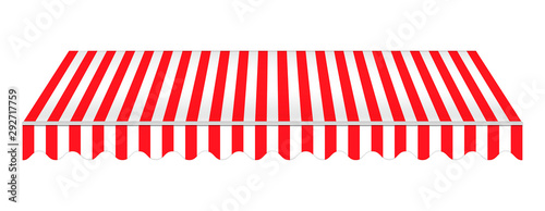 Striped red awning isolated on white background, realistic vector mockup. Canopy for restaurant, cafe, hotel or store. Tent roof, template for design