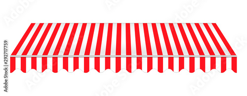 Striped red awning isolated on white background, realistic vector mockup. Canopy for restaurant, cafe, hotel or store. Tent roof, template for design