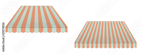 Striped vintage awning canopy, vector illustration. Window sunshade isolated on white background. Tent roof with wave edge, template for design