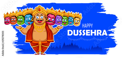 illustration of Ravana with ten heads for Navratri festival of India poster for Dussehra