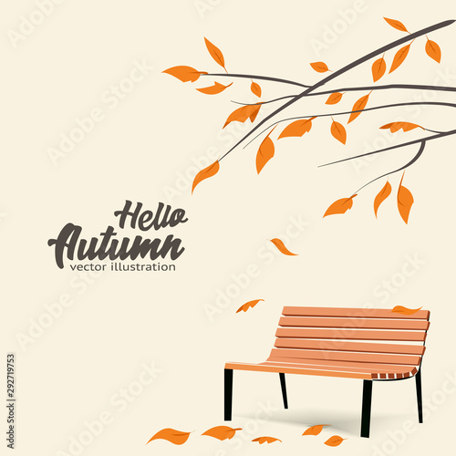 Autumn landscape, fall trees with yellow leaves, lonely bench for contemplation of autumn nature, vector, isolated, cartoon style
