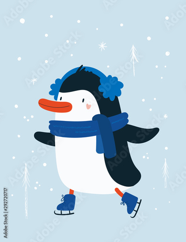 Winter sport penguin baby with snowflakes background. Outdoor holiday activity. Doodle cartoon animal character illustration. For print, poster, calendar, decoration, textile, card, souvenirs