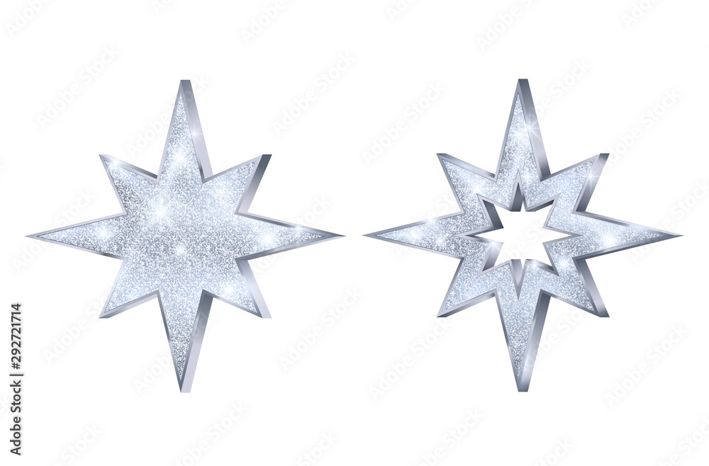 Set of Christmas silver stars. Luxury and glamour glitter star. Decoration element for holiday card or banner. Vector illustration Set of Christmas silver stars. Luxury and glamour glitter star. Decoration element for holiday card or banner. Vector illustration