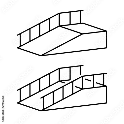Ramp for disabled simple black outline illustration. Climb post with hand rails. Up way.